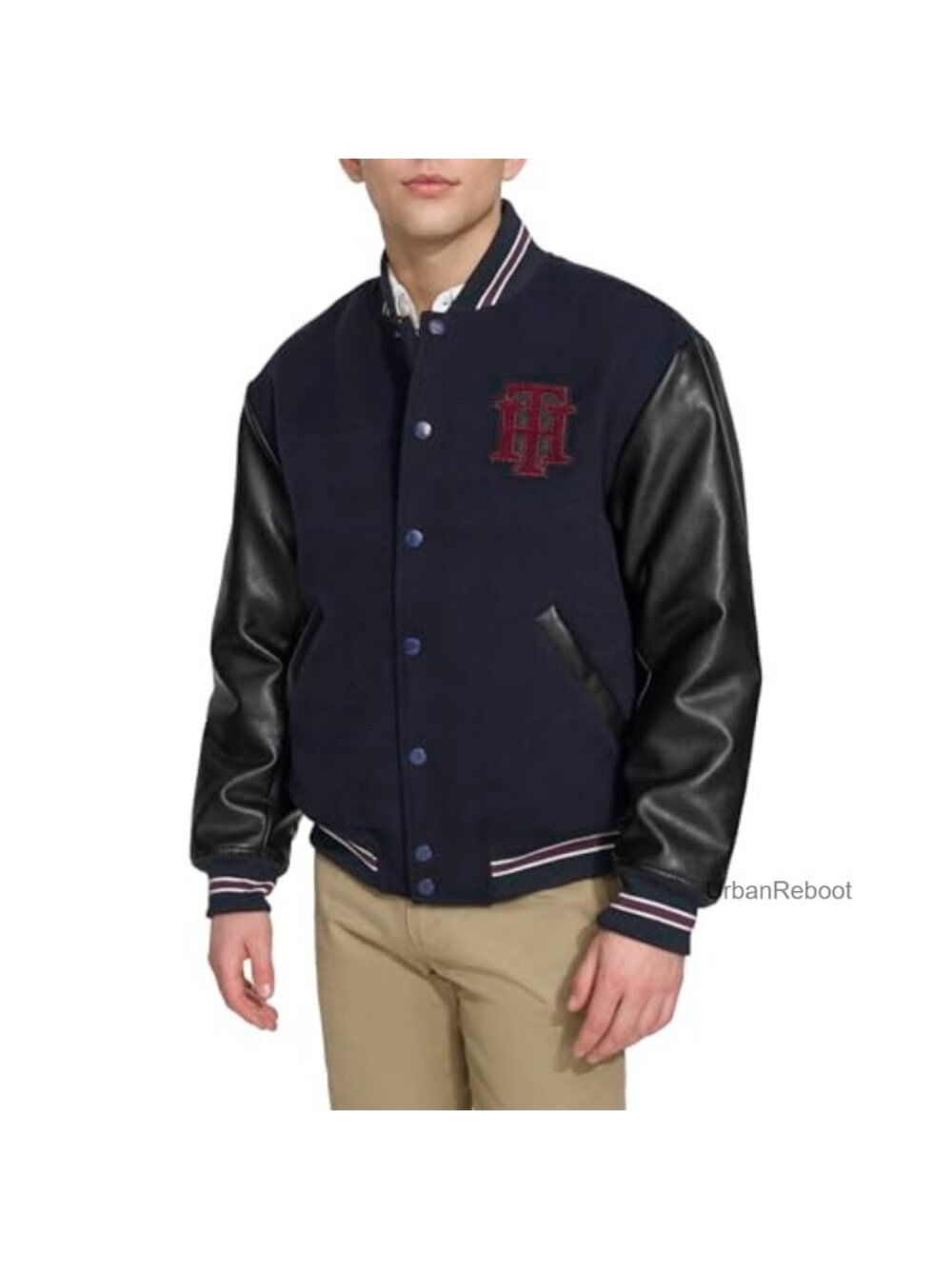 Mixed Media Bomber Jacket Wool Blend Faux Leather Sleeves Aviator